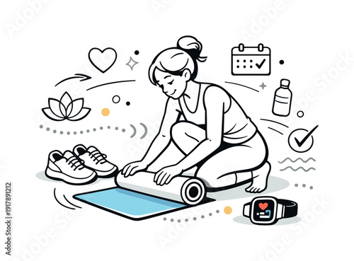 Fitness accessories for active lifestyle. Yoga mat unrolling, sneakers and smartwatch nearby