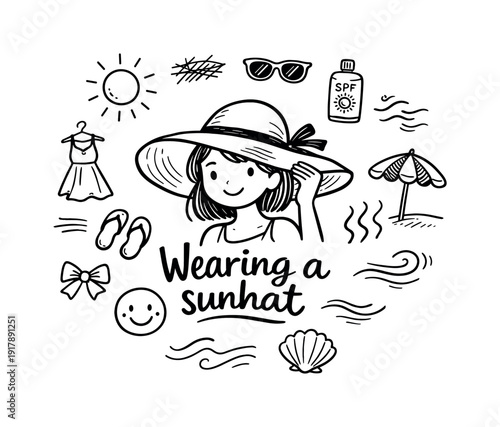 Wearing a sunhat. Hand-drawn doodle illustration of Wearing a sunhat. In the middle, one