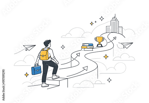 Starting professional life. Young professional stepping onto abstract career path with milestones ahead,