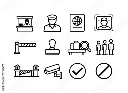 Immigration checkpoints. Line outline icon set of Immigration checkpoints: passport control booth, officer