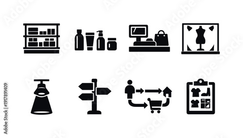 Retail presentation design. Filled icon set of Retail presentation design: shelf display layout, product