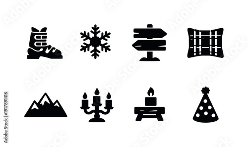 Ski lodge party decor. Filled icon set of Ski lodge party decor: ski boots, snowflakes, rustic table, wooden