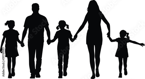 Silhouette of Happy Family Holding Hands Together, Parents and Three Daughters Walking in Unity, Love, Support and Togetherness Concept on White Background