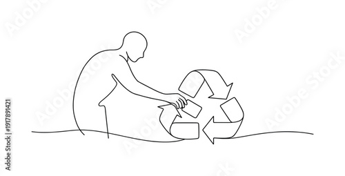 Sustainable Future. Minimalistic one-line drawing human figure placing an item into a recycling loop