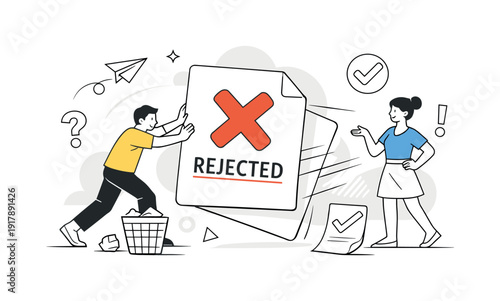 Rejected File. Document marked with a clear cross badge, subtle motion showing the file