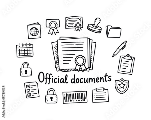Official documents. Hand-drawn doodle illustration of Official documents. In the middle, one slightly larger