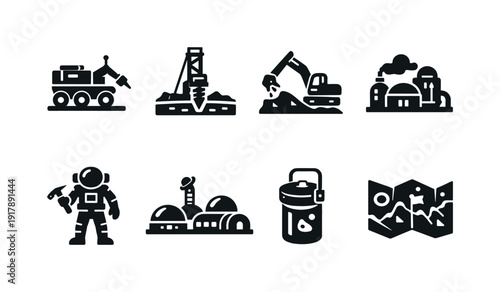 Lunar resource extraction. Filled icon set of Lunar resource extraction: lunar mining rover, moon surface