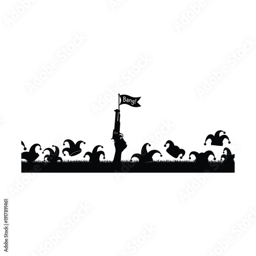 Jester Hat Silhouette Border with Gun and 'Bang!' Flag