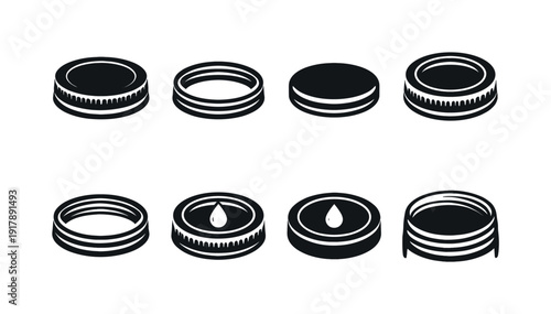 Mason jar lid. Filled icon set of Mason jar lid: mason jar lid, metal screw band, flat sealing disc, jar rim,