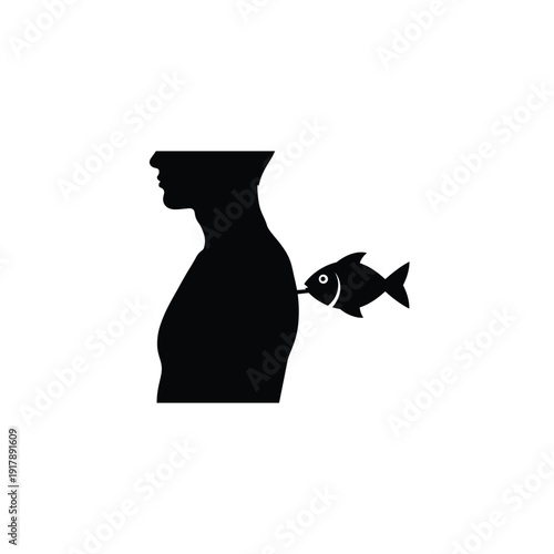 Man's silhouette with fish biting torso, symbolizing being hooked vector