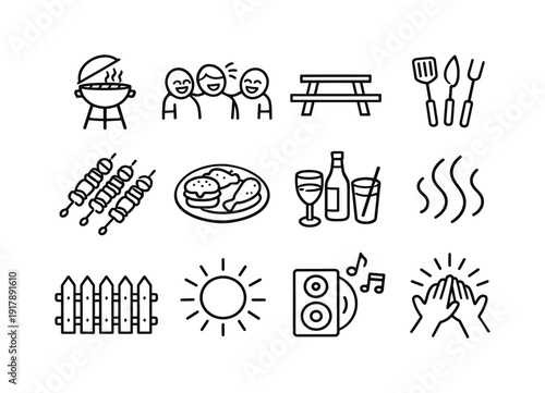 Friends laughing and enjoying a barbecue in the backyard. Line outline icon set of Friends laughing and