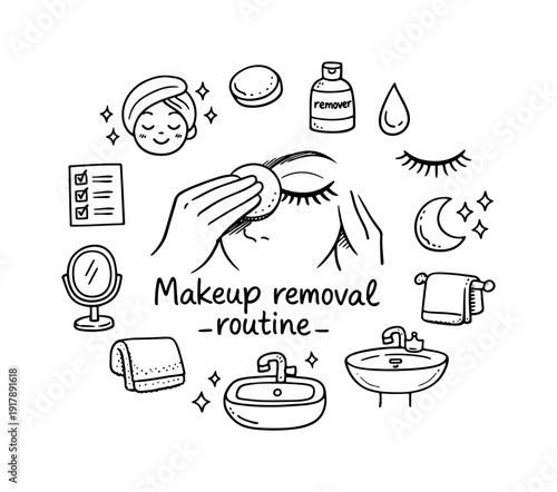 Makeup removal routine. Hand-drawn doodle illustration of Makeup removal routine. In the
