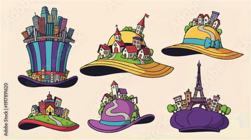 cartoon cityscapes on hats in different styles and colors