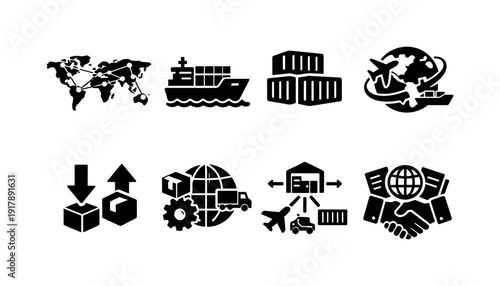 Global trade networks. Filled icon set of Global trade networks: world map connections, cargo ship, shipping