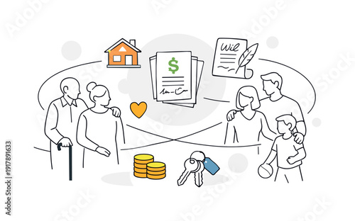 Estate planning and inheritance. Family silhouettes connected by subtle lines, document and house icons