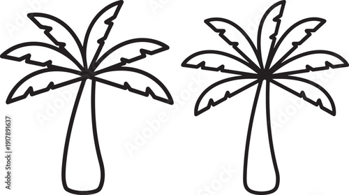 Two simple outline palm trees on white background, illustration of tropical plants.