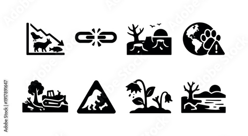 Biodiversity loss. Filled icon set of Biodiversity loss: declining wildlife population,