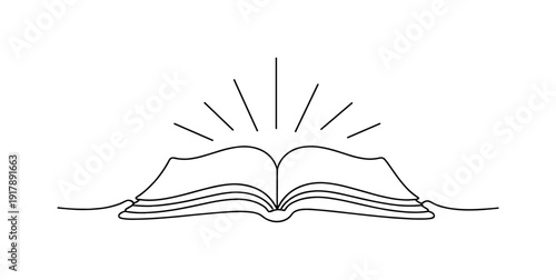 Religious texts and their interpretation. Minimalistic one-line drawing open sacred book