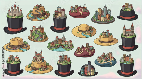 cartoon cityscapes on hats  city  landscape  architecture