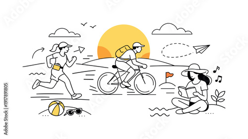 Minimal Summer Landscape. Abstract summer landscape. Simple horizon line with a bright sun, minimal clouds