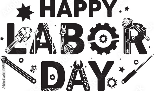 Creative black and white labor day celebration graphic with tools and gears