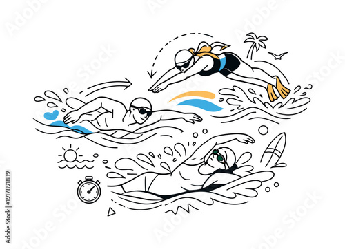 Swimming and water sports. Swimmers gliding through clear water, smooth wave lines and splashes showing motion