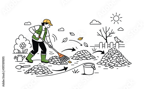 Organized Garden Cleanup. Garden cleanup routine. Person raking leaves along a path, piles forming with clear