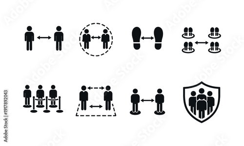Physical distancing. Filled icon set of Physical distancing: separated figures, arrow
