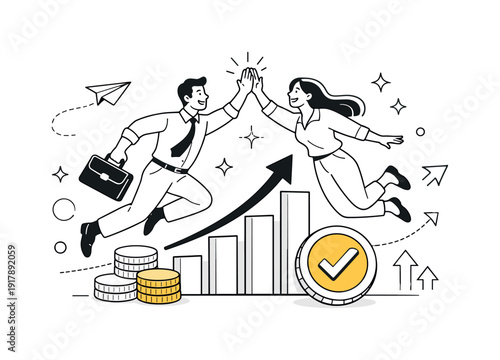 Financial growth arrow. Rising arrow integrated with minimal bars and coins, stable upward