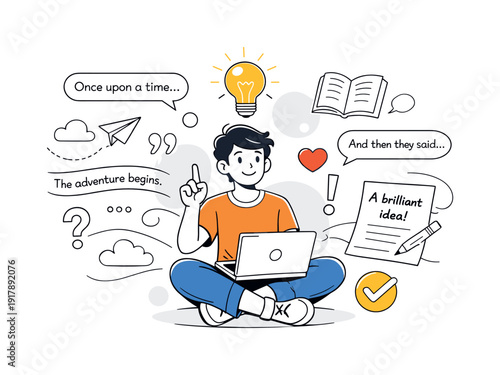 Creative Writing. Character surrounded by floating sentences and punctuation marks, lightbulb icon glowing