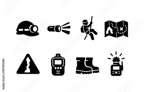 Cave exploration safety. Filled icon set of Cave exploration safety: spelunking helmet,