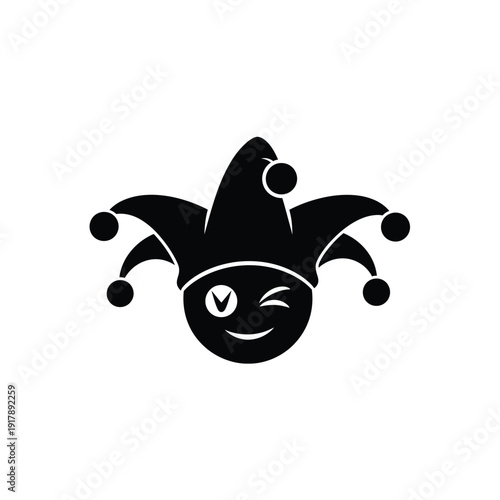Winking jester face with bells on hat, happy, mischievous, black icon