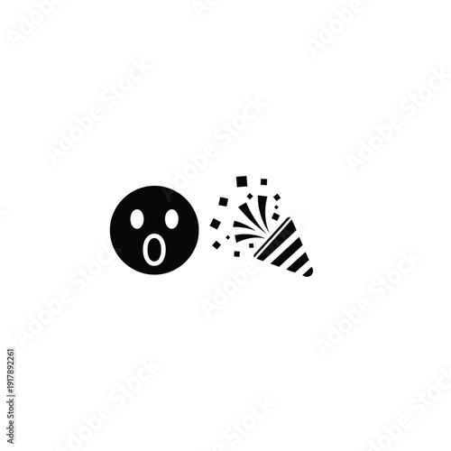 Surprised emoji face with exploding party popper on white background icon