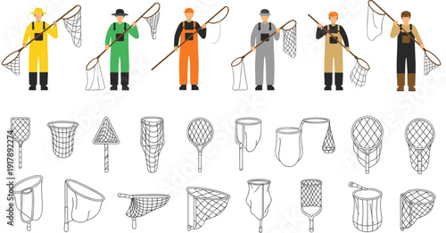 Fishing Net and Fisherman Vector Set Featuring Professional Anglers, Landing Nets, Scoop Nets, and Outdoor Fishing Equipment Illustrations