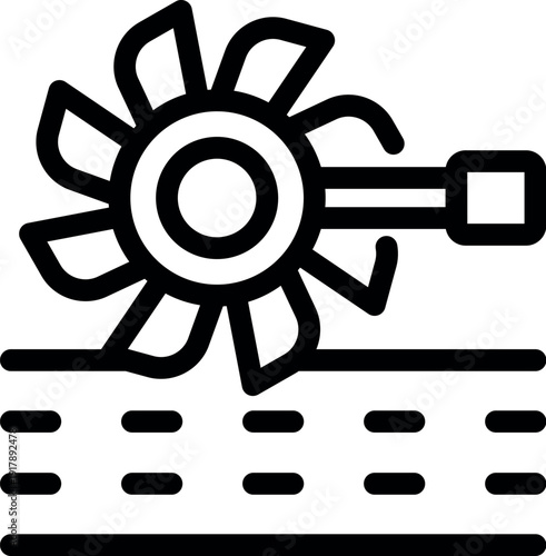 Wind turbine rotating and generating clean energy from air flowing over field, simple black and white line drawing