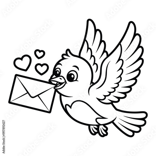 Cartoon bird with wings outstretched delivering a love letter with hearts isolated on transparent background