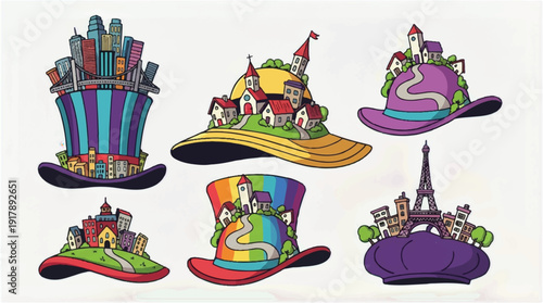 Cityscapes on colorful hats with buildings and landmarks  whimsical illustration