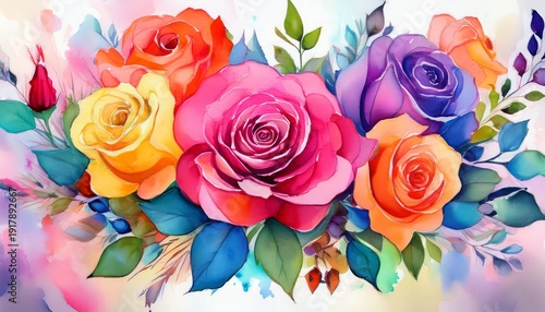 vibrant watercolor rose bouquet rich color palette high quality bloom