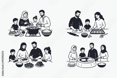 Muslim Family Cooking Traditional Cuisine Together Icon Set