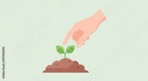 Hand nurturing a young green plant growing in brown soil on a light green background with care and attention to nature