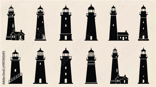 collection of black lighthouse silhouettes on beige background