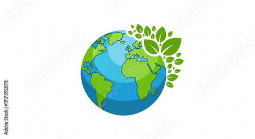 Earth globe with green leaves sprouting from top right symbolizing eco friendly environment and sustainability