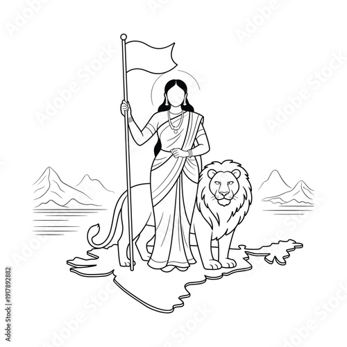 A divine feminine figure with a lion and flag stands on an abstract landmass with mountains and water in the background