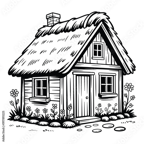 Charming cartoon thatched roof cottage with flowers and a brick chimney