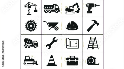 collection of construction and industry icons on white background