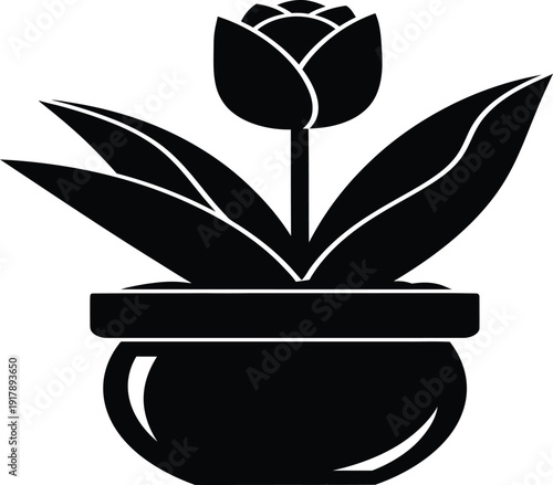 Simple black and white illustration of a potted tulip with large leaves.