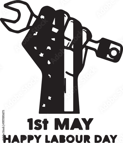 Fist holding wrench celebrating international labour day with 1st may text