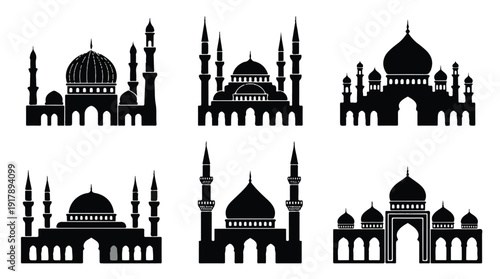 Collection of mosque silhouettes with domes and minarets on white background