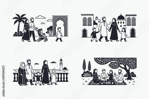 Muslim Family Daily Life Scenes Vector Illustration Set