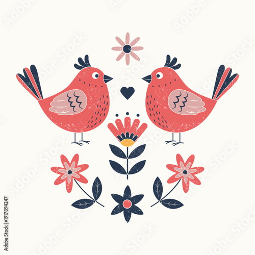 Hand drawn textured folk birds and floral elements composition. Symmetrical ornamental premade postcard